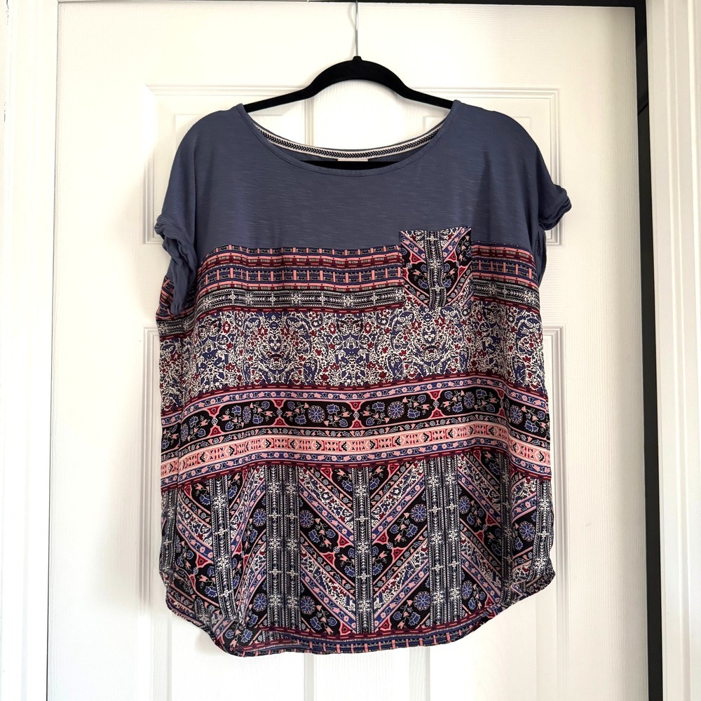 Knox Rose Women's Boho Mixed Print Short Sleeve Top Blue Size Large